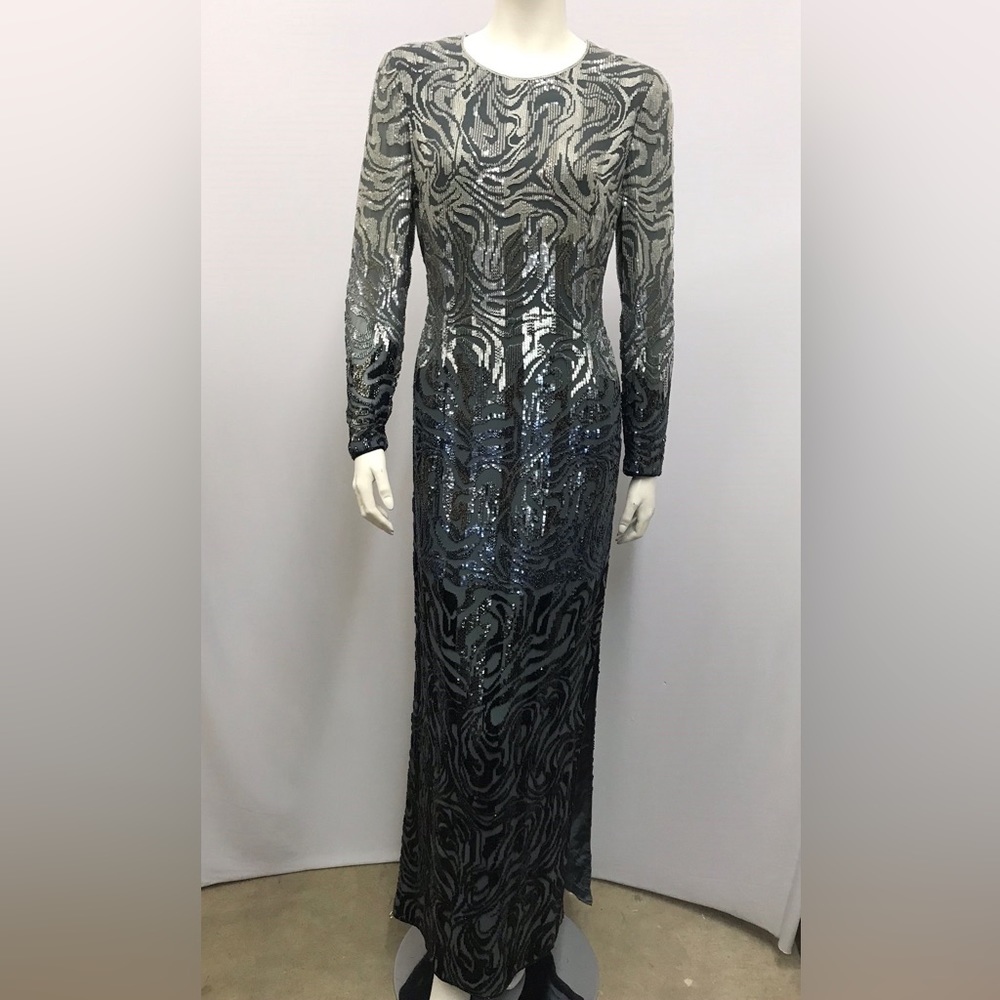 Escada Couture Long Dress Beaded Silver‎ Gray Clear Black & Blue Beads 38 Fits 6